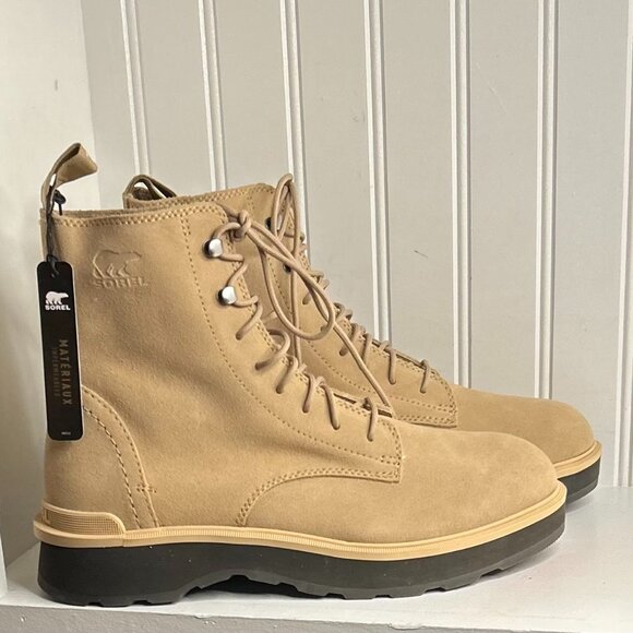 SOREL Womens Beige Back Pull-Tab Hi-line Toe Block Heel Leather Combat Boots 10 - Picture 1 of 8